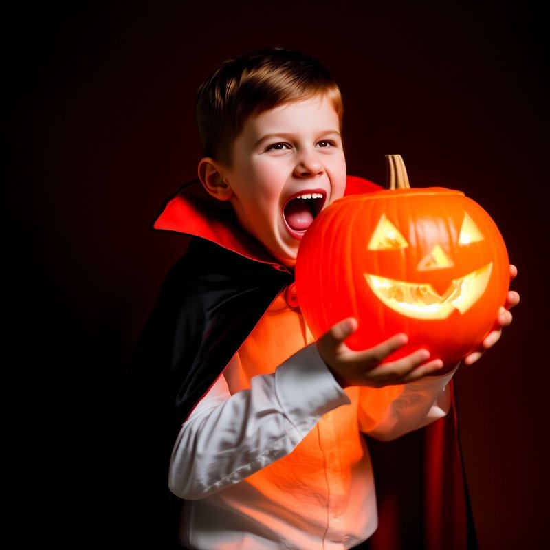 A Child Dressed As A Vampire Holding A Carved Pumpkin Halloween