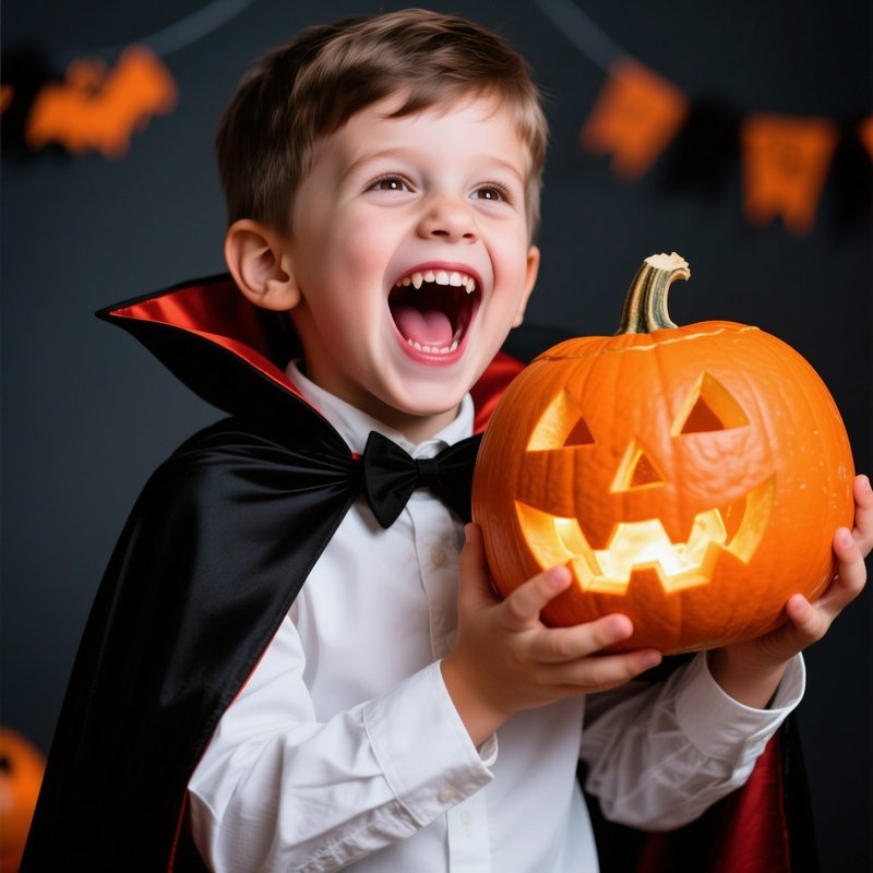 A Child Dressed As A Vampire Holding A Carved Pumpkin Halloween
