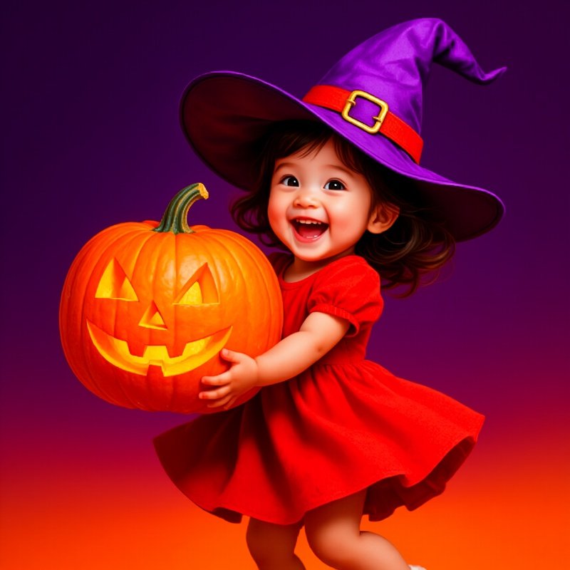 A Child Dressed As A Witch Holding A Carved Pumpkin Halloween