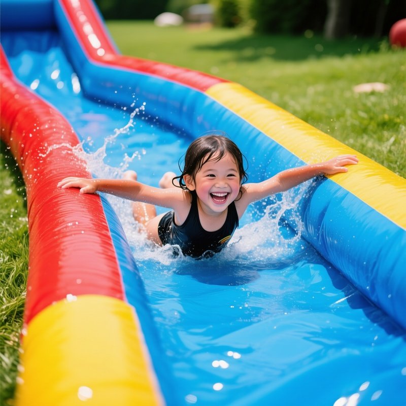 A Child Playing On A Water Slide Childhood Summer