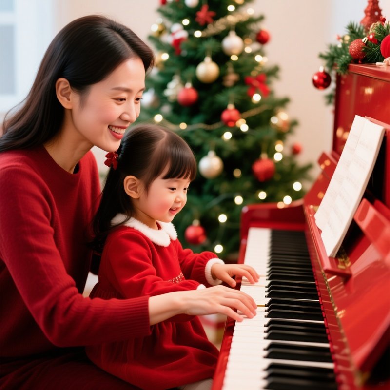A Child Playing Piano With An Adult Christmas Music