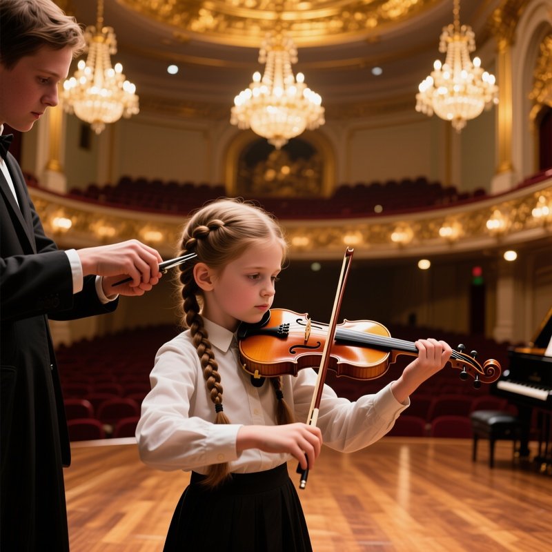A Child Prodigy Violinist With Braids Gets A Delicate Trim Backstage Of An Elegant Concert Hall,