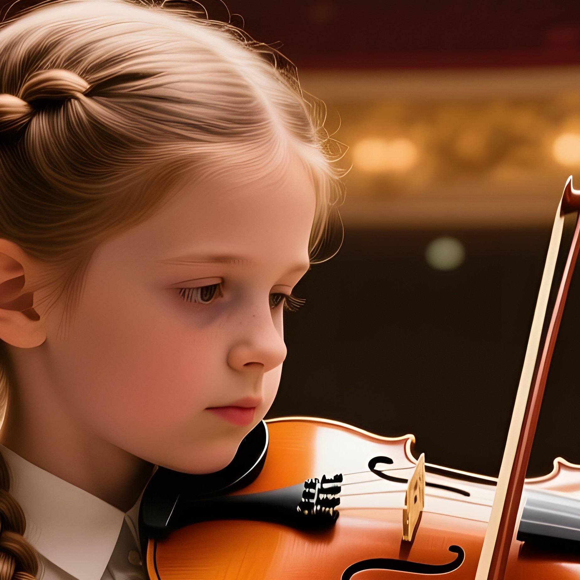 A Child Prodigy Violinist With Braids Gets A Delicate Trim Backstage Of An Elegant Concert Hall, - Full Resolution Quality Preview