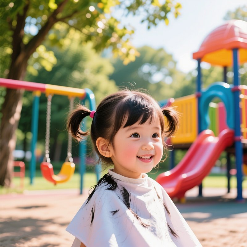 A Child With Pigtails Gets A Playful Haircut In A Bright Playground, Colorful Swings And Slide In