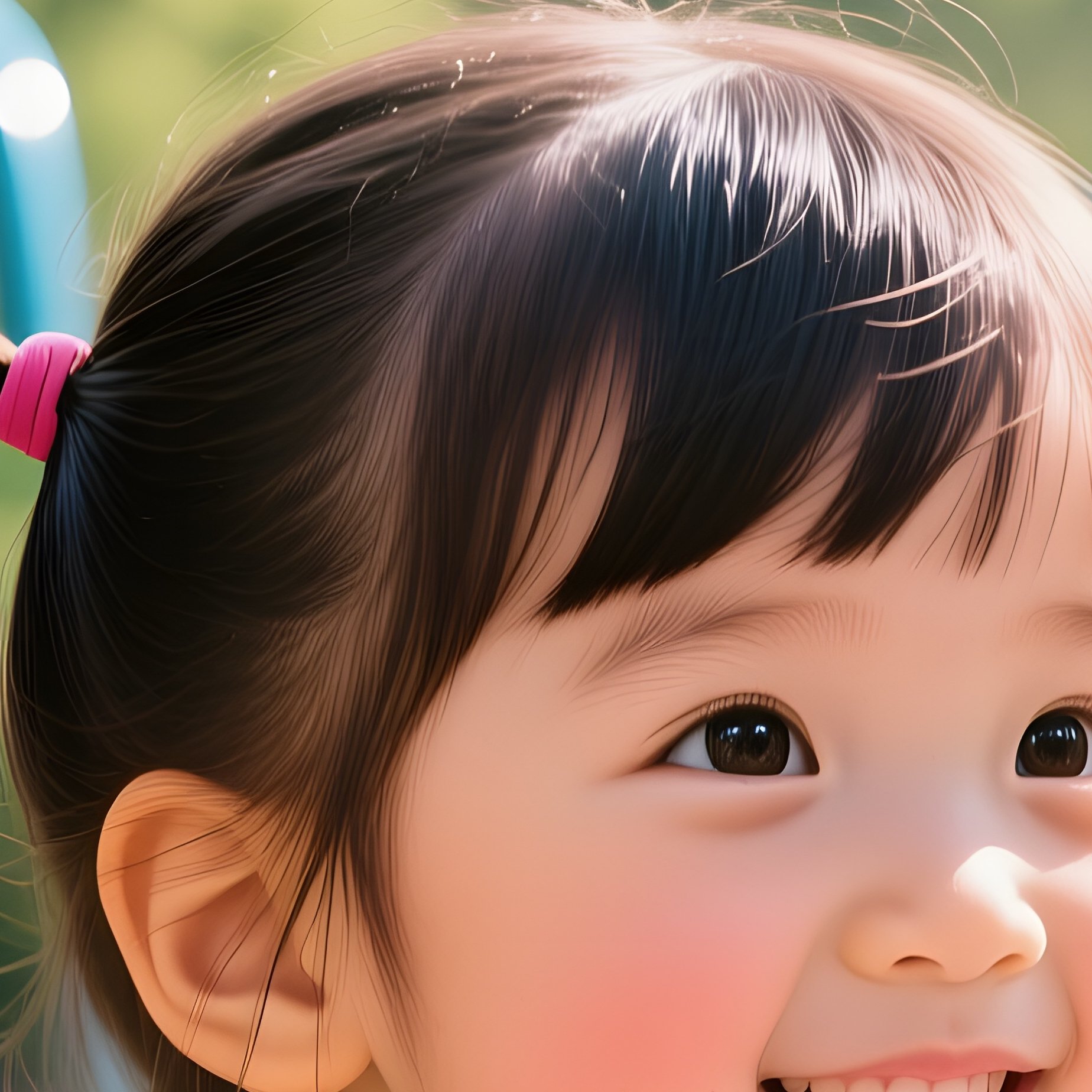 A Child With Pigtails Gets A Playful Haircut In A Bright Playground, Colorful Swings And Slide In - Full Resolution Quality Preview