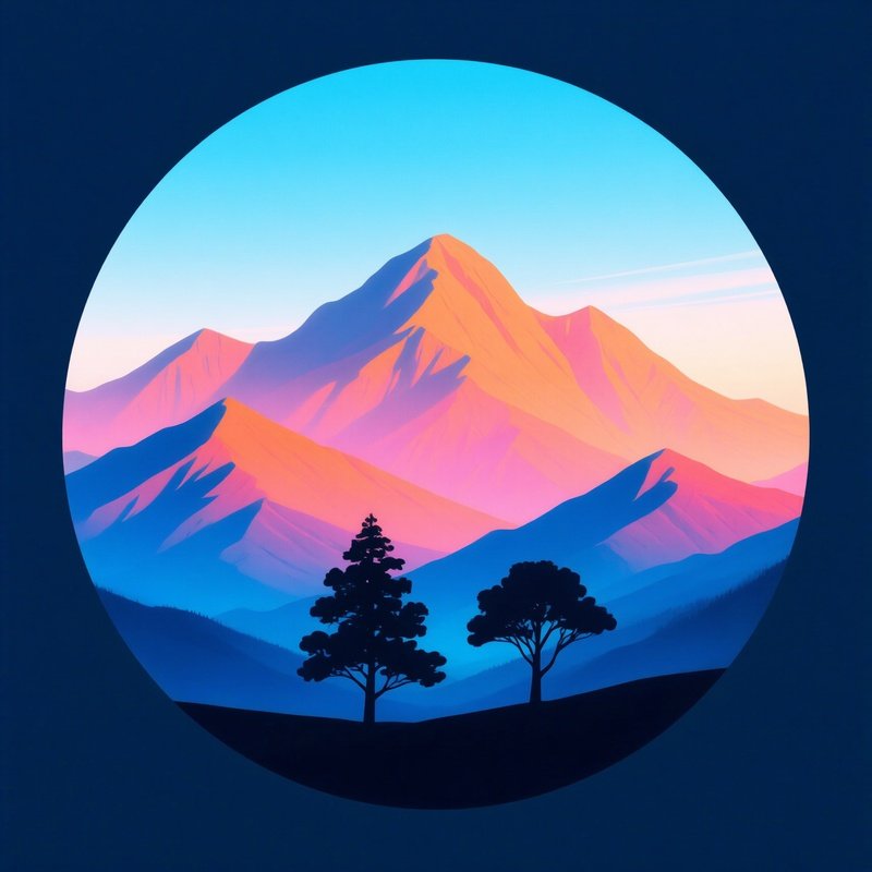 A Circular Landscape Scene Featuring Mountains And Trees