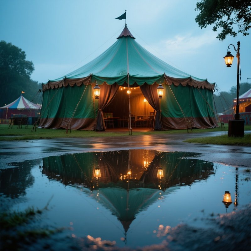 A Circus Tent Reflected In Puddles After Rain Lanterns Glowing
