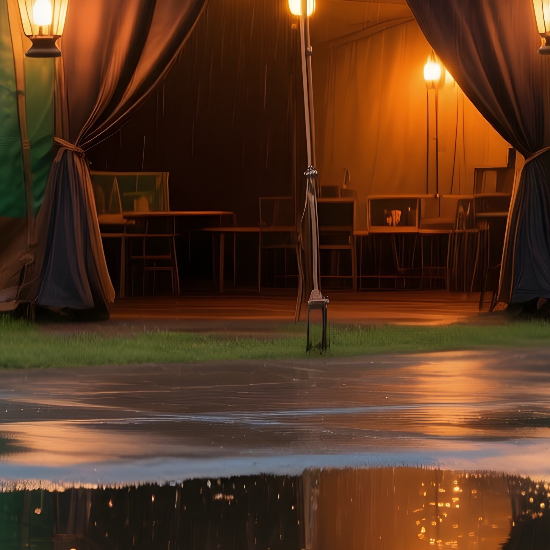 A Circus Tent Reflected In Puddles After Rain Lanterns Glowing - Full Resolution Quality Preview