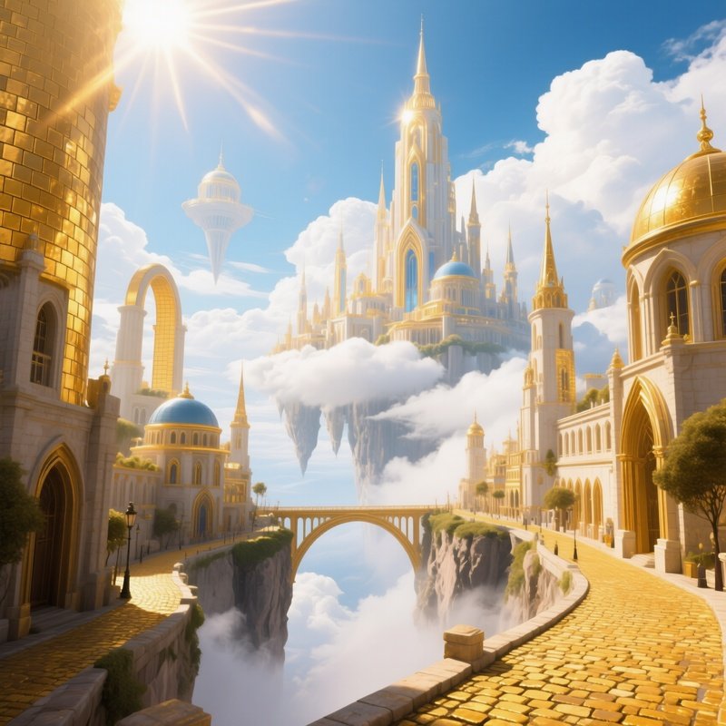 A City In The Clouds Where All The Buildings Are Constructed From Shining Gold Bricks