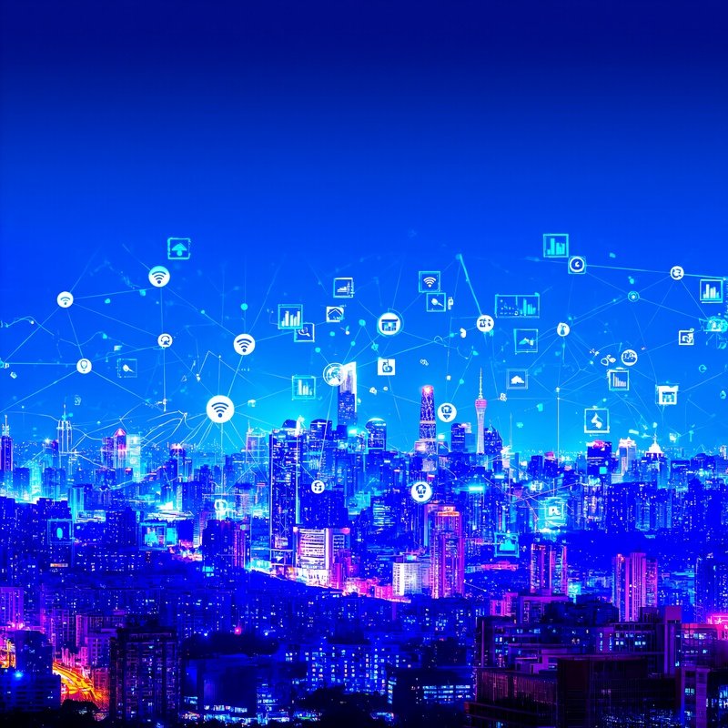 A Cityscape At Night Overlaid With A Network Of Digital Icons