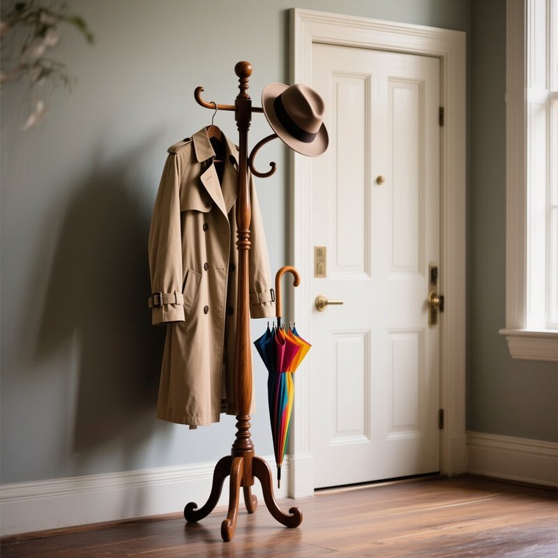 A Classic Bentwood Coat Stand Standing Near A Front Door, Holding A Beige Trench Coat, A Fedora Hat, And A Colorful Umbrella.