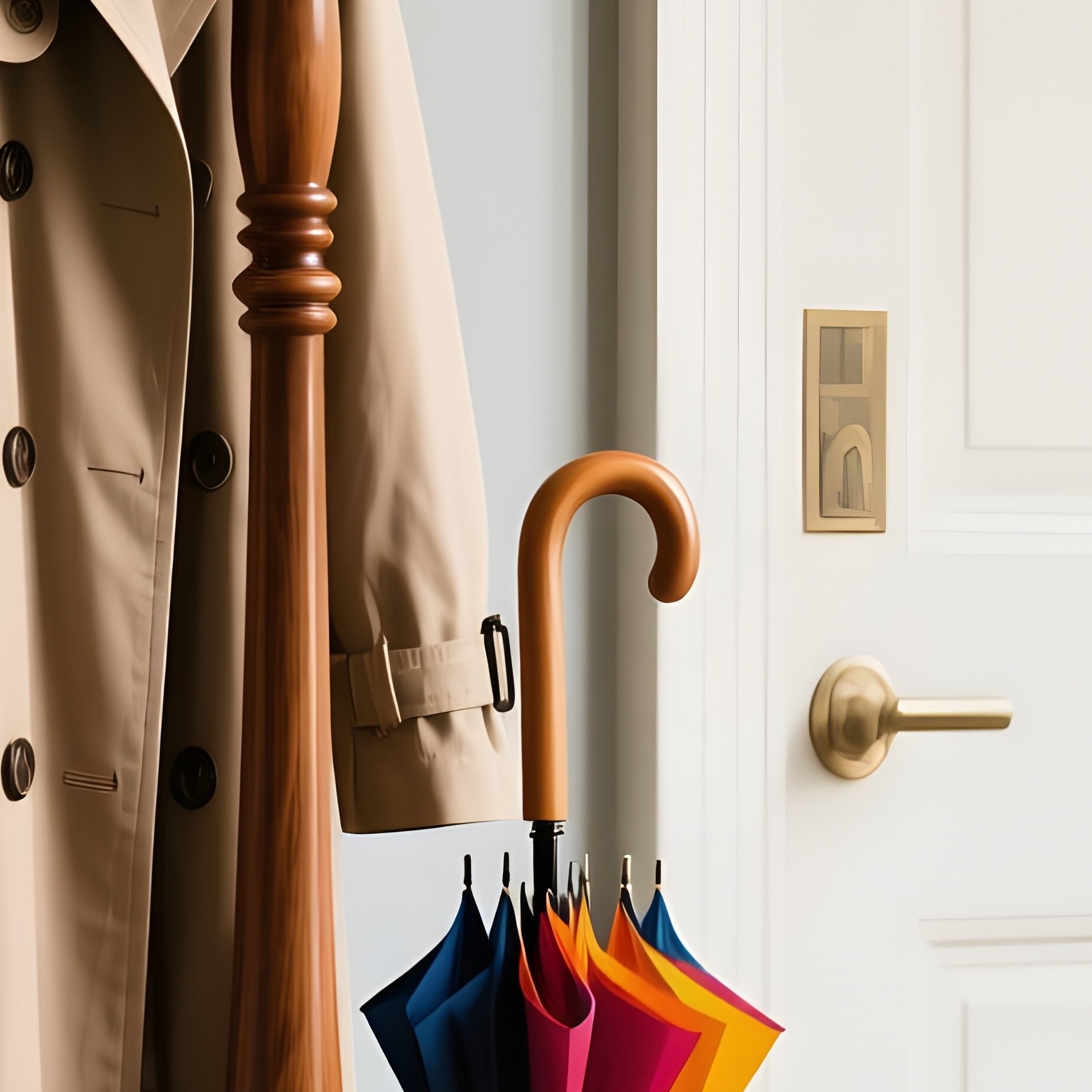 A Classic Bentwood Coat Stand Standing Near A Front Door, Holding A Beige Trench Coat, A Fedora Hat, And A Colorful Umbrella. - Full Resolution Quality Preview