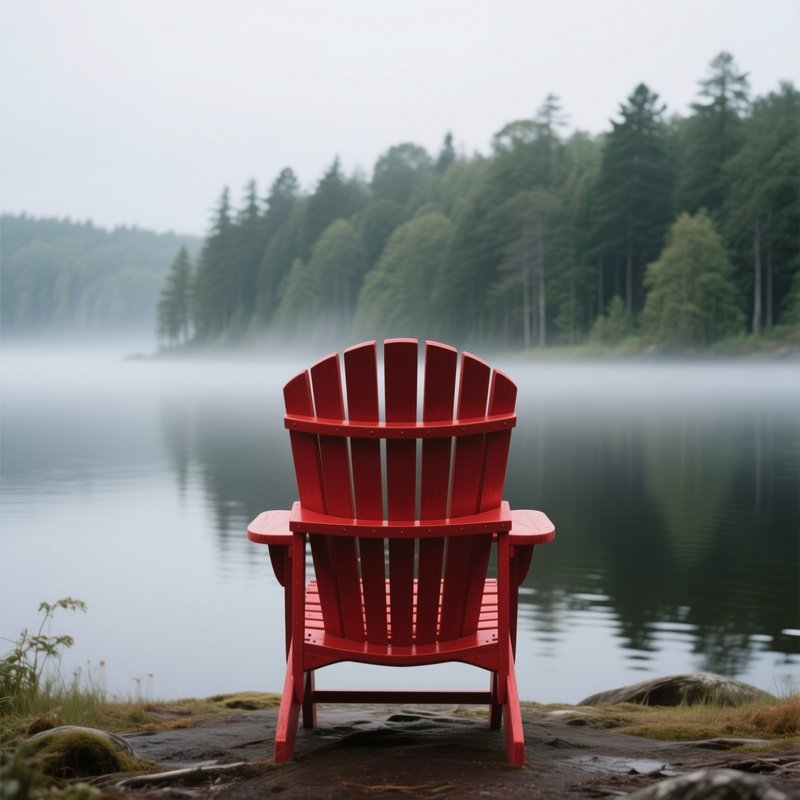 A Classic Red Painted Wooden Adirondack Chair Facing A Calm, Misty Lake, With A Dense Forest Visible In The Background.