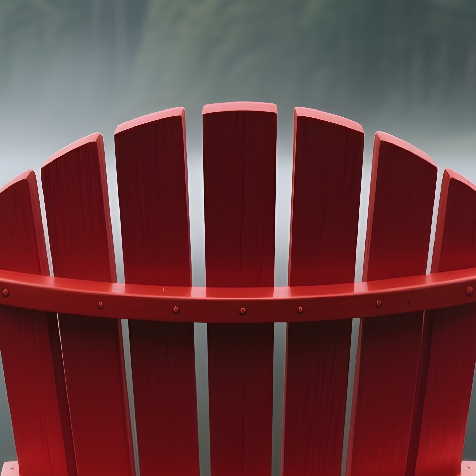 A Classic Red Painted Wooden Adirondack Chair Facing A Calm, Misty Lake, With A Dense Forest Visible In The Background. - Full Resolution Quality Preview