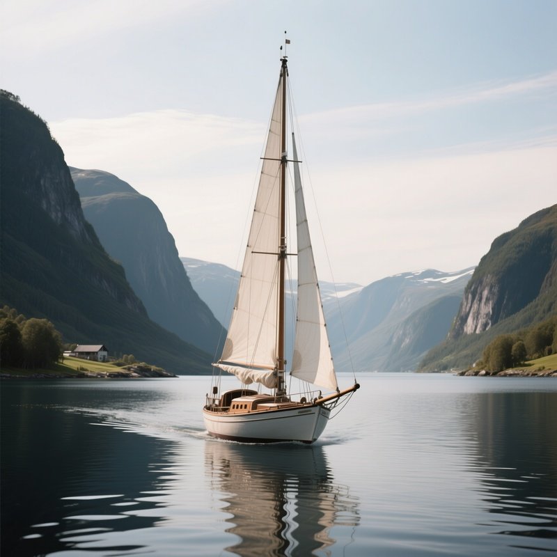 A Classic Sailboat Cruising Along A Quiet Fjord