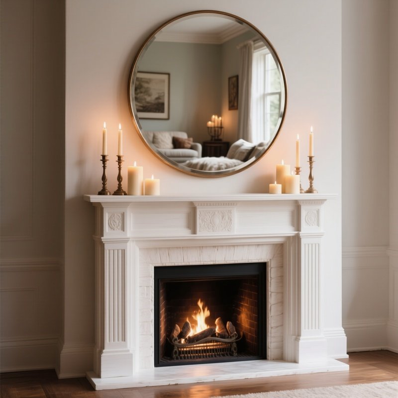 A Classic White Wooden Fireplace Mantel Heavily Styled With Pillar Candles And A Large Circular Mirror That Reflects The Cozy, Warm Textures Of The Room Opposite.