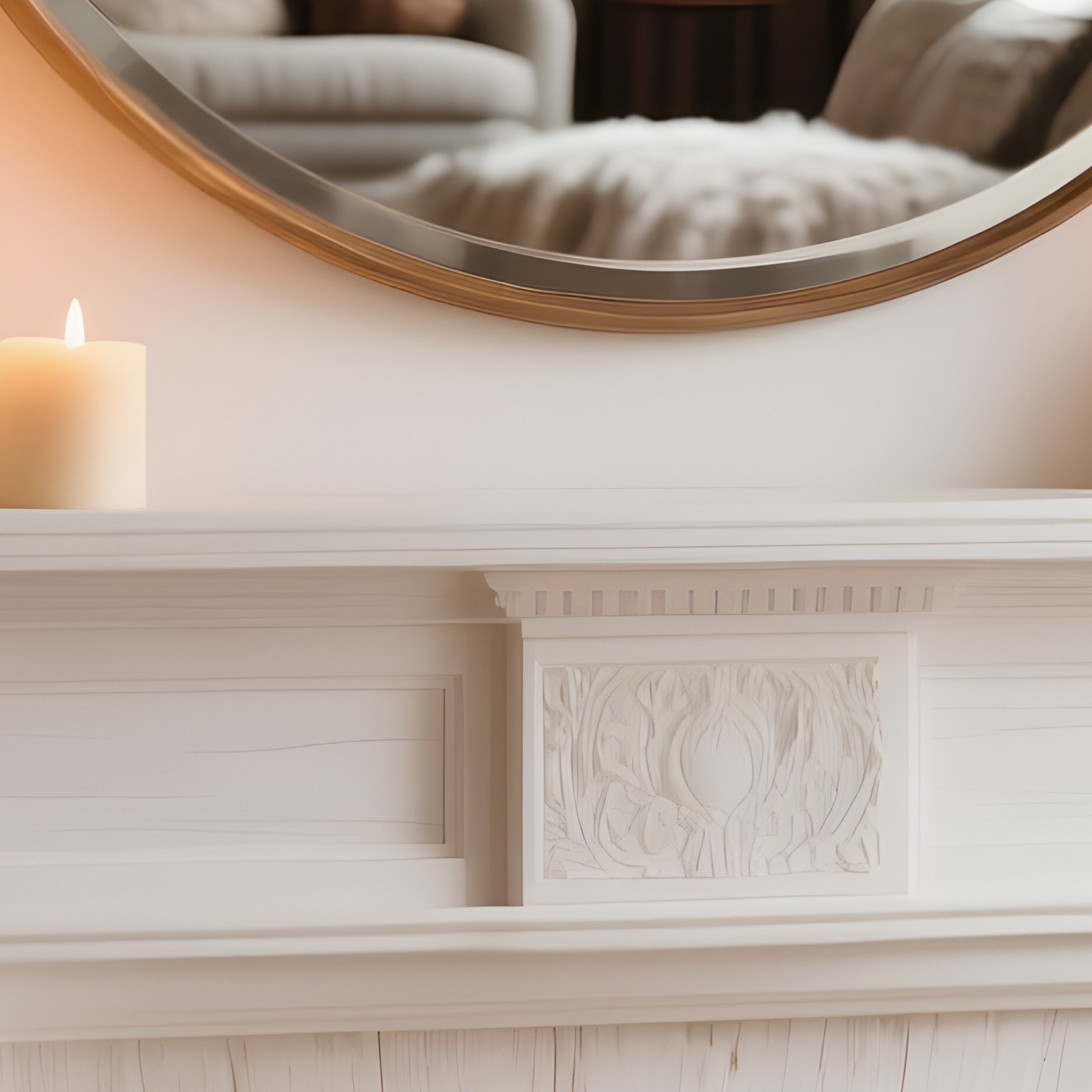 A Classic White Wooden Fireplace Mantel Heavily Styled With Pillar Candles And A Large Circular Mirror That Reflects The Cozy, Warm Textures Of The Room Opposite. - Full Resolution Quality Preview