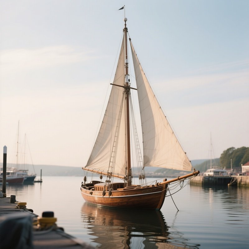A Classic Wooden Sailboat Floating Near A Peaceful Harbor