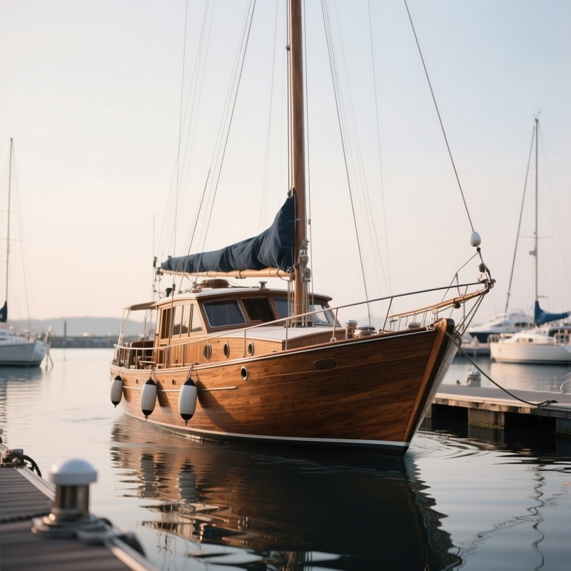 A Classic Wooden Yacht Departing From A Quiet Marina