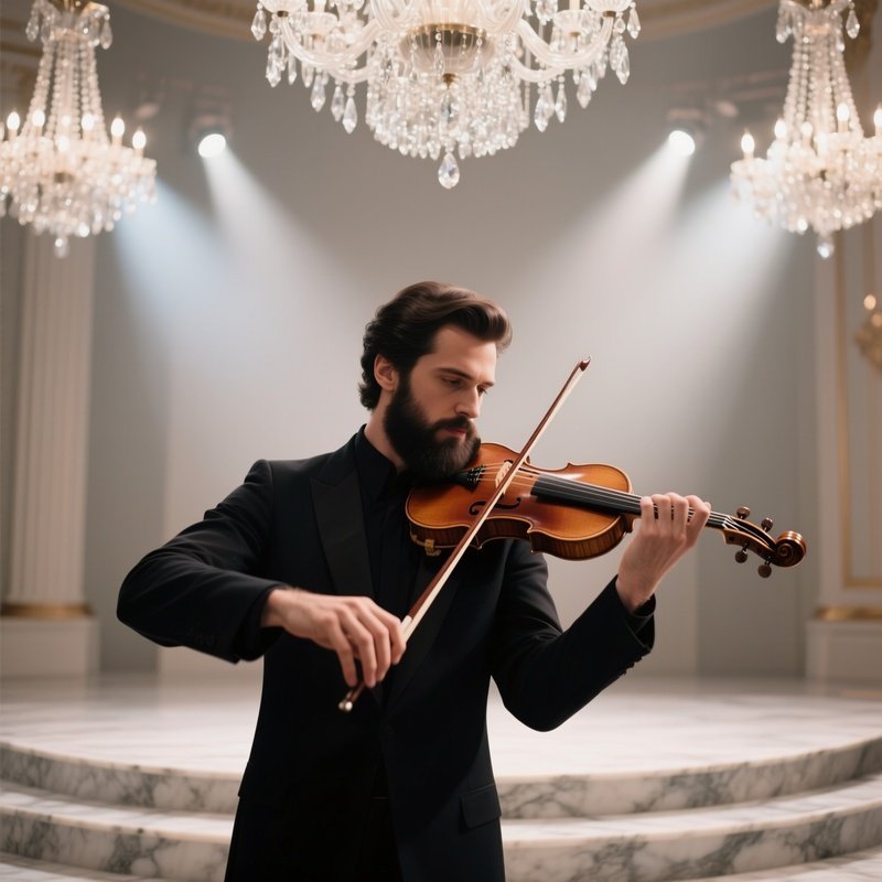 A Classical Violinist With A Neatly Groomed Dark Beard Plays On A Marble Stage Beneath Crystal