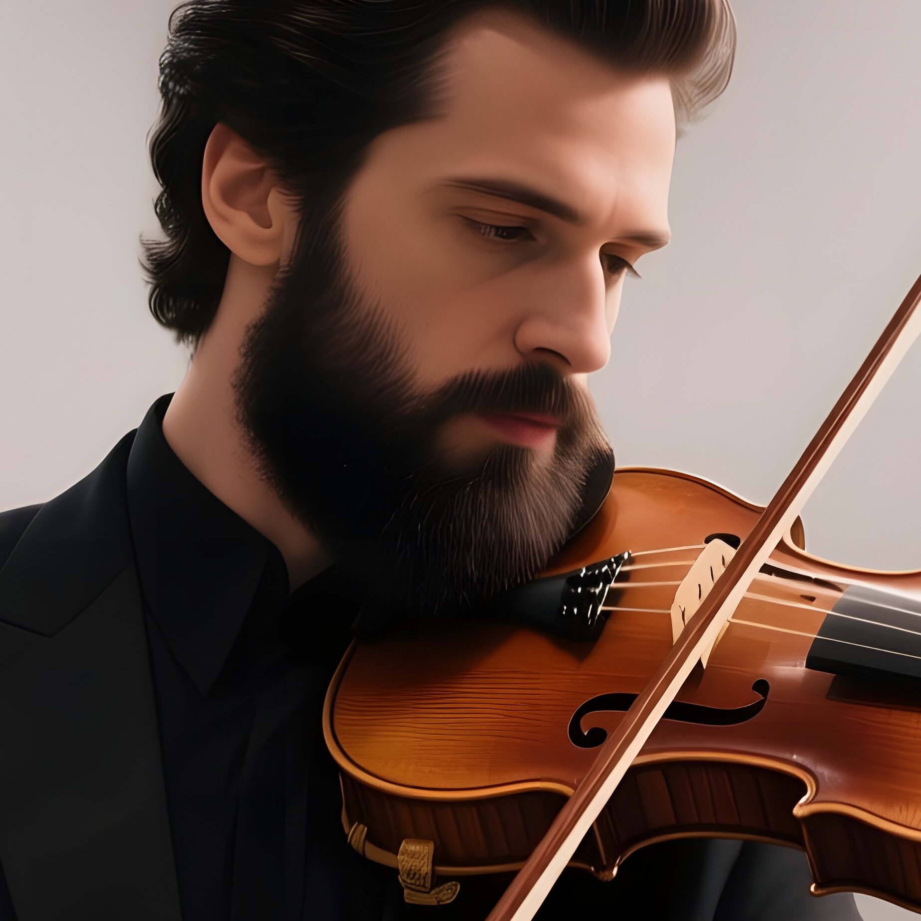 A Classical Violinist With A Neatly Groomed Dark Beard Plays On A Marble Stage Beneath Crystal - Full Resolution Quality Preview