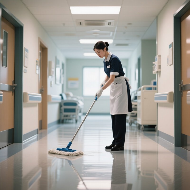 A Cleaning Staff Member Mopping A Polished Hospital Floor