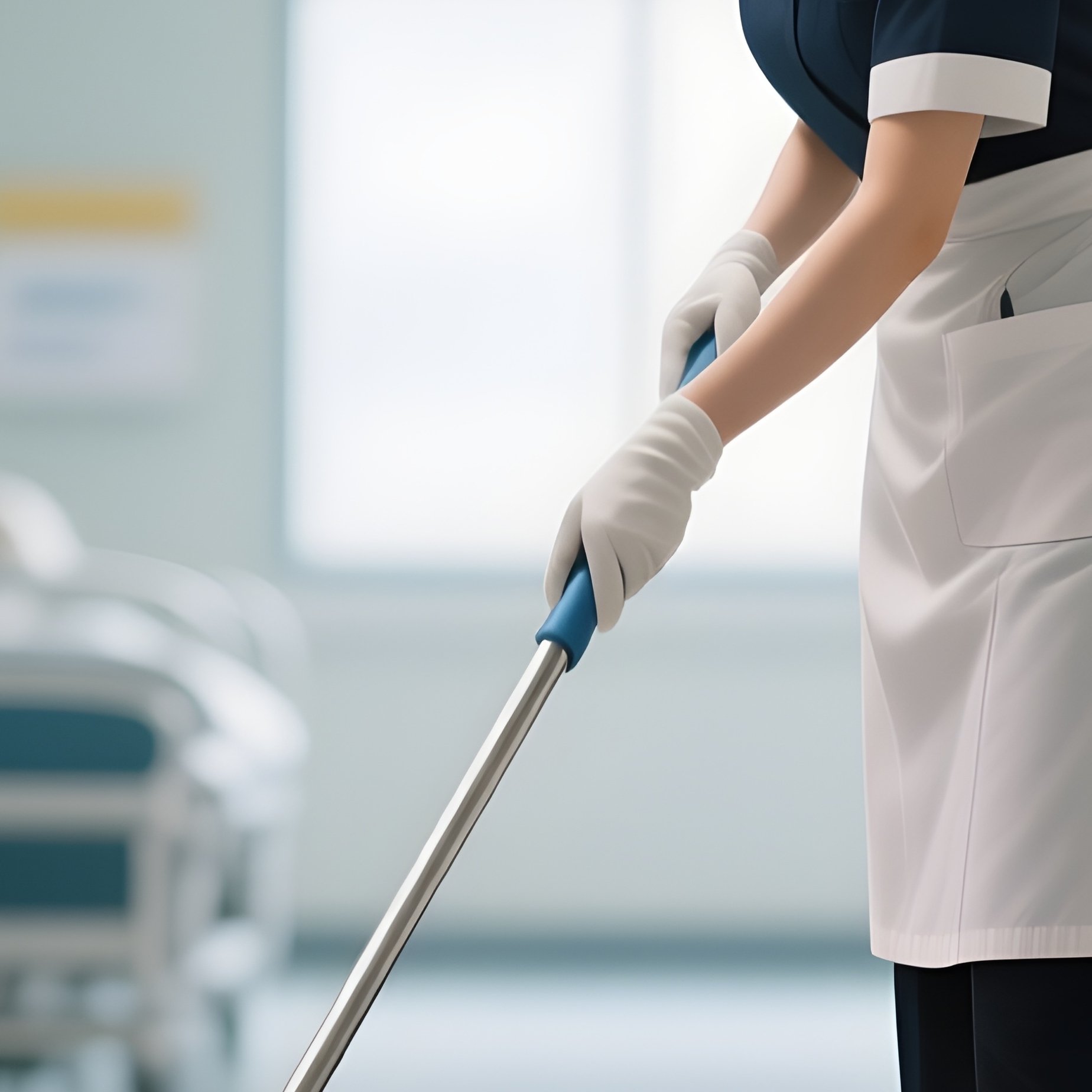 A Cleaning Staff Member Mopping A Polished Hospital Floor - Full Resolution Quality Preview