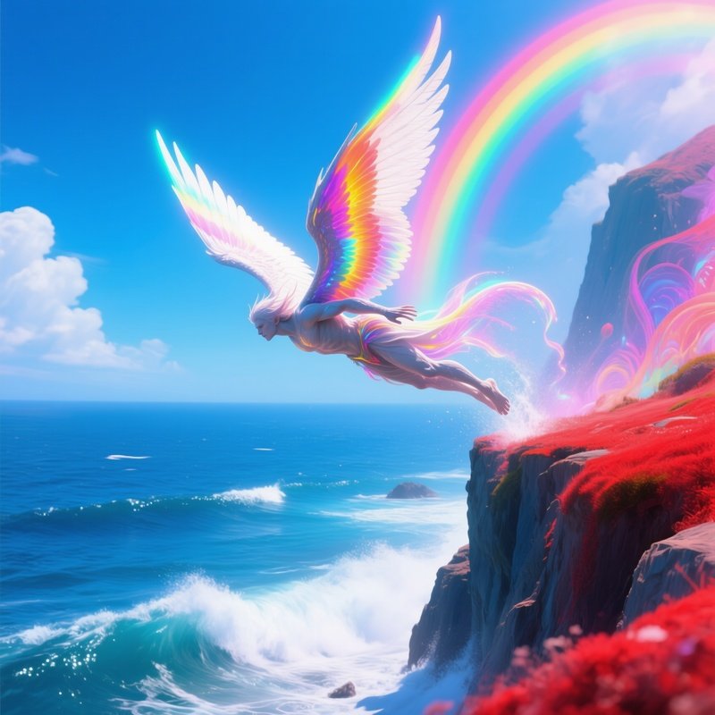 A Cliff Diver Named Ray Tide Diving Through Rainbows Into The Sea