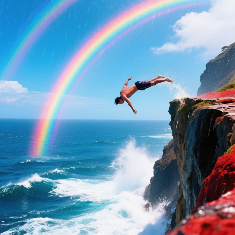 A Cliff Diver Named Ray Tide Diving Through Rainbows Into The Sea