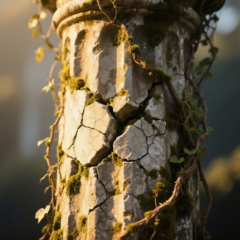 A Close Perspective Of A Weathered Limestone Column Cracked By Centuries, Vines Creeping Up Its