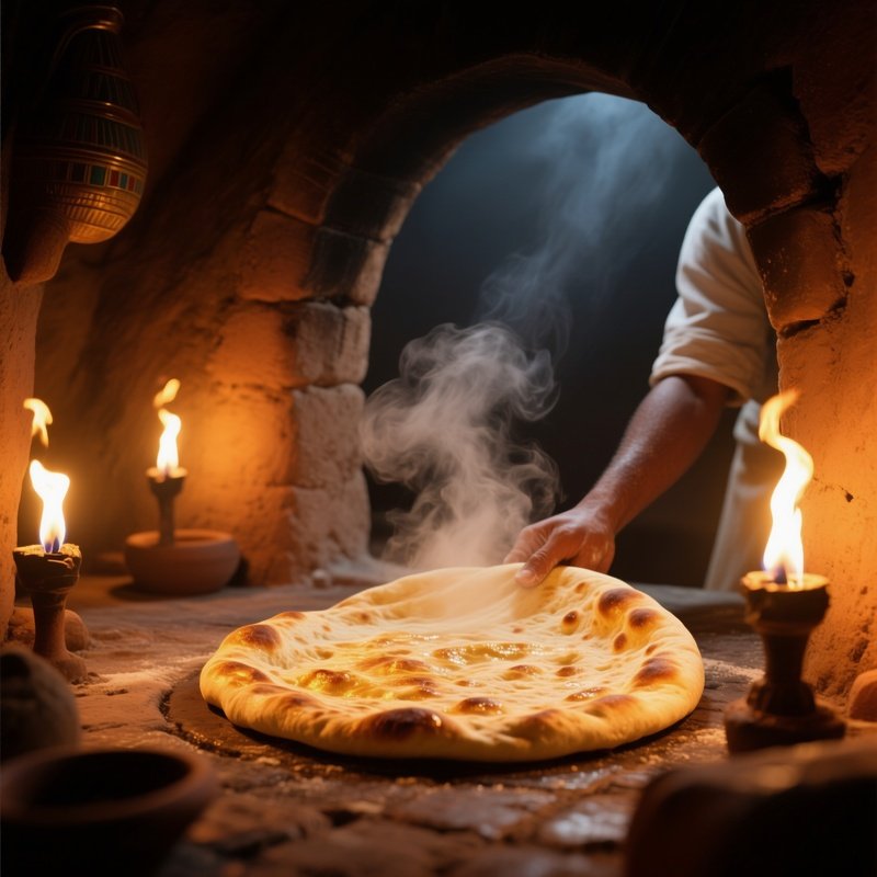 A Close Perspective Of An Egyptian Baker Pulling Flatbread From A Clay Oven, Steam Rising, Golden
