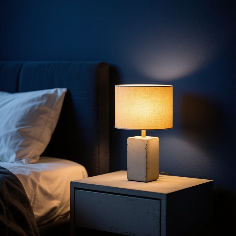 A Close Up Artistic Focus On A Modern Concrete Bedside Lamp Turned On, Creating A Warm, Golden Ambiance Against A Dark Navy Blue Bedroom Wall.