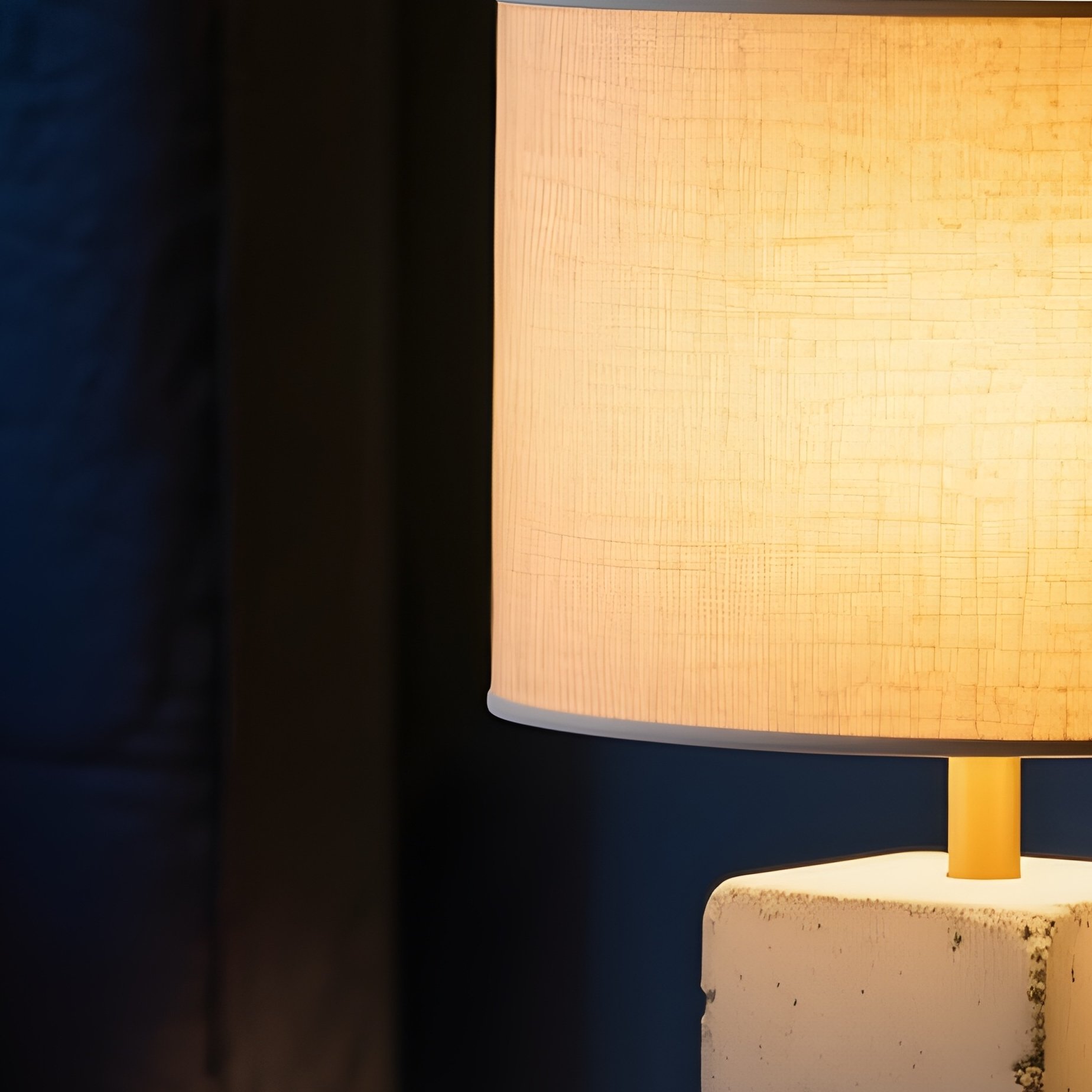 A Close Up Artistic Focus On A Modern Concrete Bedside Lamp Turned On, Creating A Warm, Golden Ambiance Against A Dark Navy Blue Bedroom Wall. - Full Resolution Quality Preview