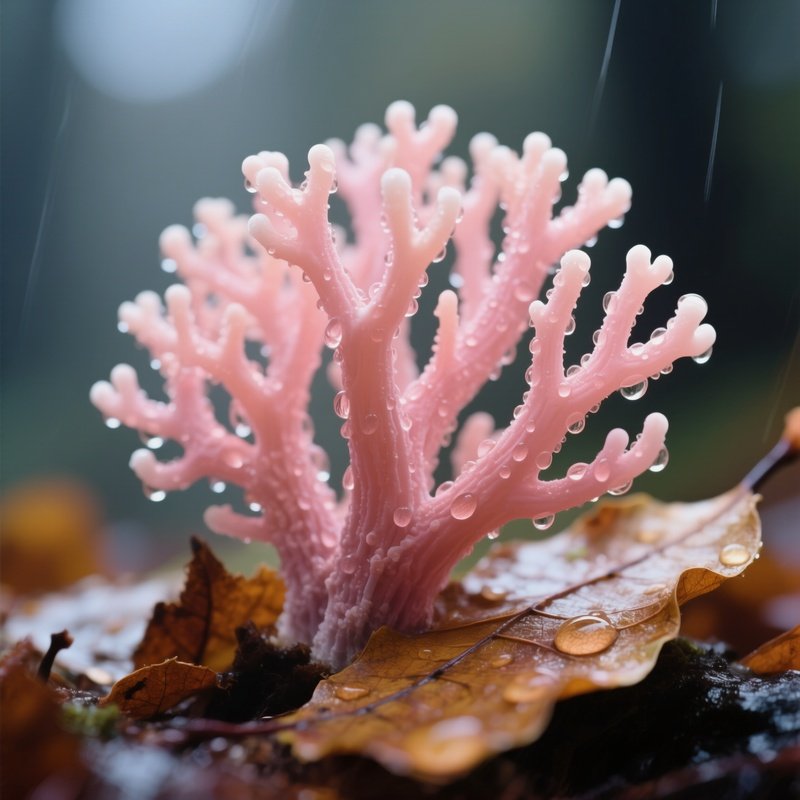 A Close‑Up Macro Of A Delicate Coral Fungus Branching Out Over Fallen Leaves, Soft Pink Hues,