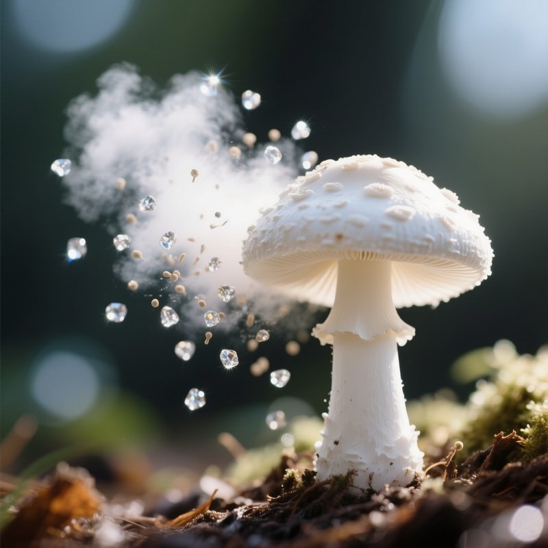 A Close‑Up Macro Of A Delicate White Ink Cap Mushroom Releasing A Cloud Of Spores That Catch The