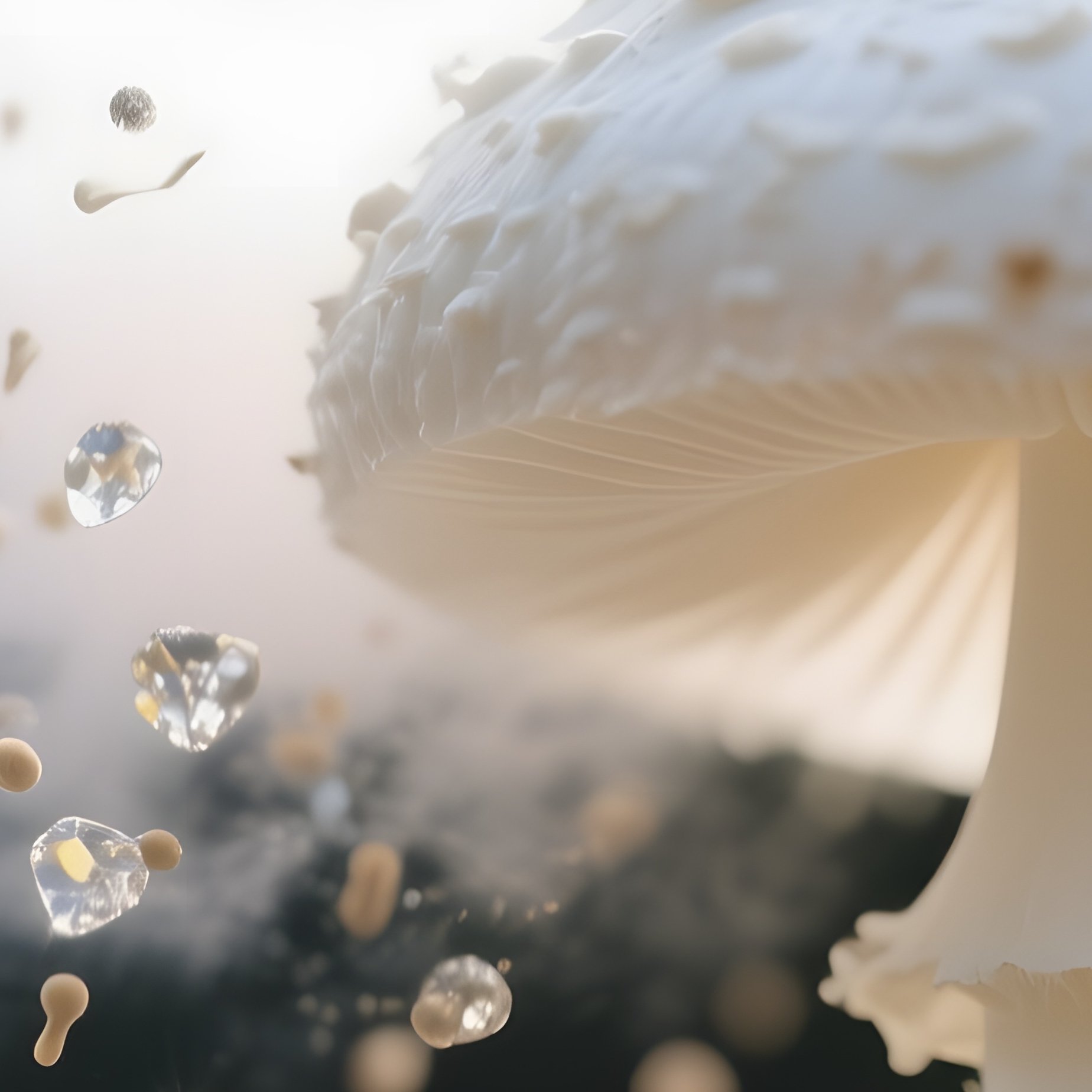 A Close‑Up Macro Of A Delicate White Ink Cap Mushroom Releasing A Cloud Of Spores That Catch The - Full Resolution Quality Preview