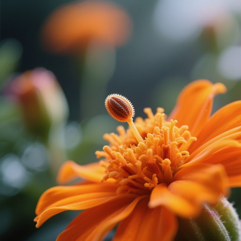 A Close‑Up Macro Of A Pollen Grain On A Pistil Of An Orange Marigold, Intricate Details Crisp