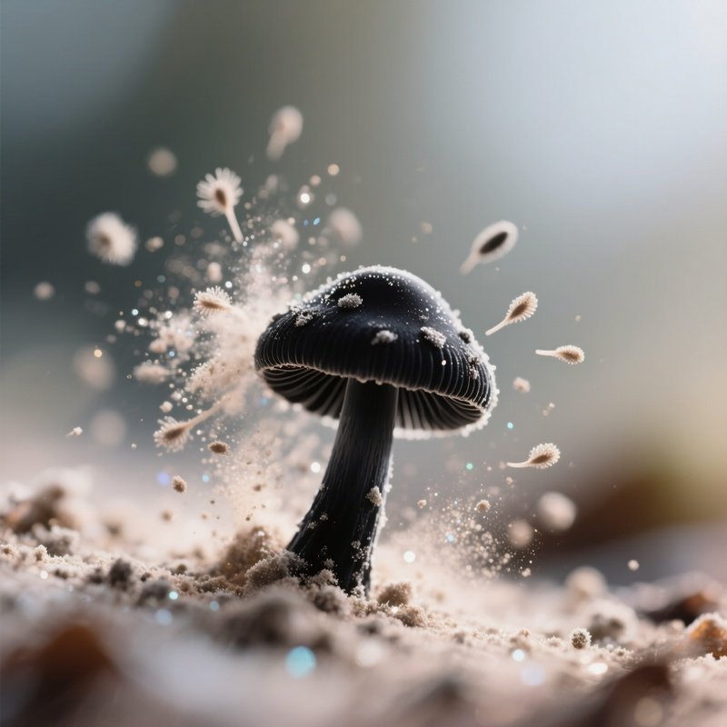 A Close‑Up Macro Of A Tiny Black Ink Cap Mushroom Releasing Spores Into The Air, Fine Powder