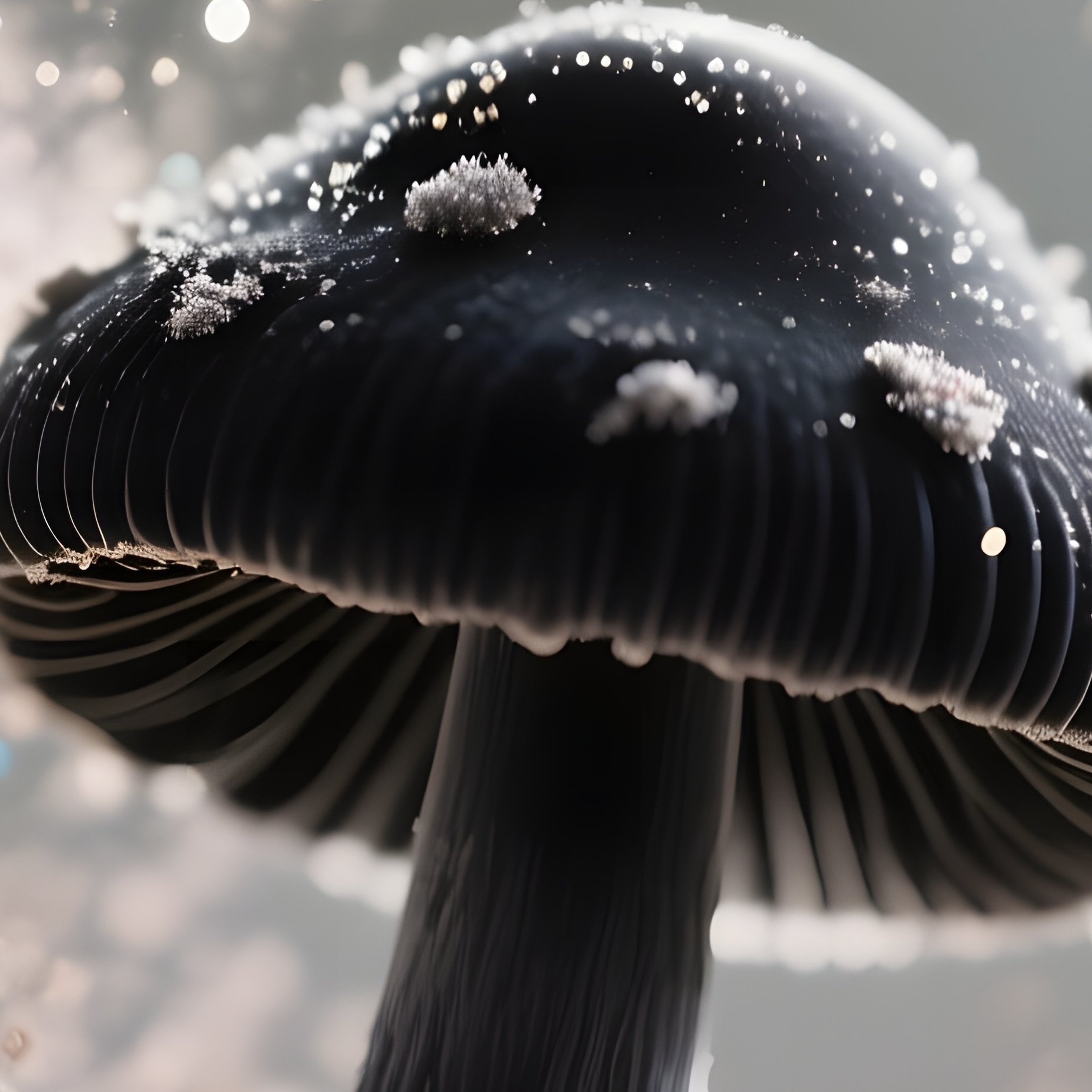 A Close‑Up Macro Of A Tiny Black Ink Cap Mushroom Releasing Spores Into The Air, Fine Powder - Full Resolution Quality Preview