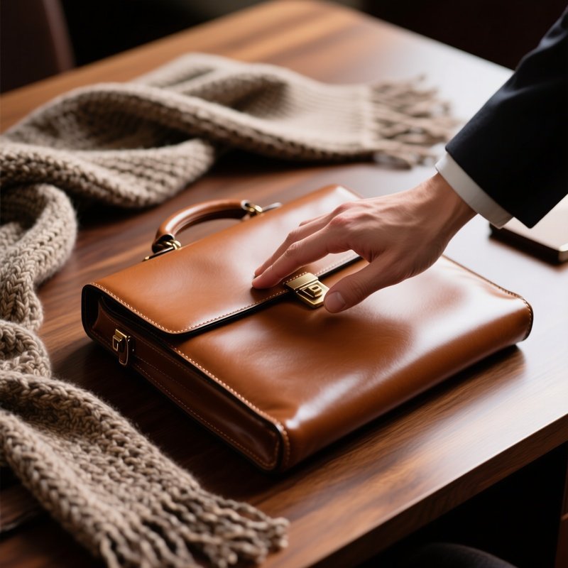 A Close‑Up Macro Shot Of A Hand Running Across A Smooth, Buttery Brown Leather Briefcase Placed On