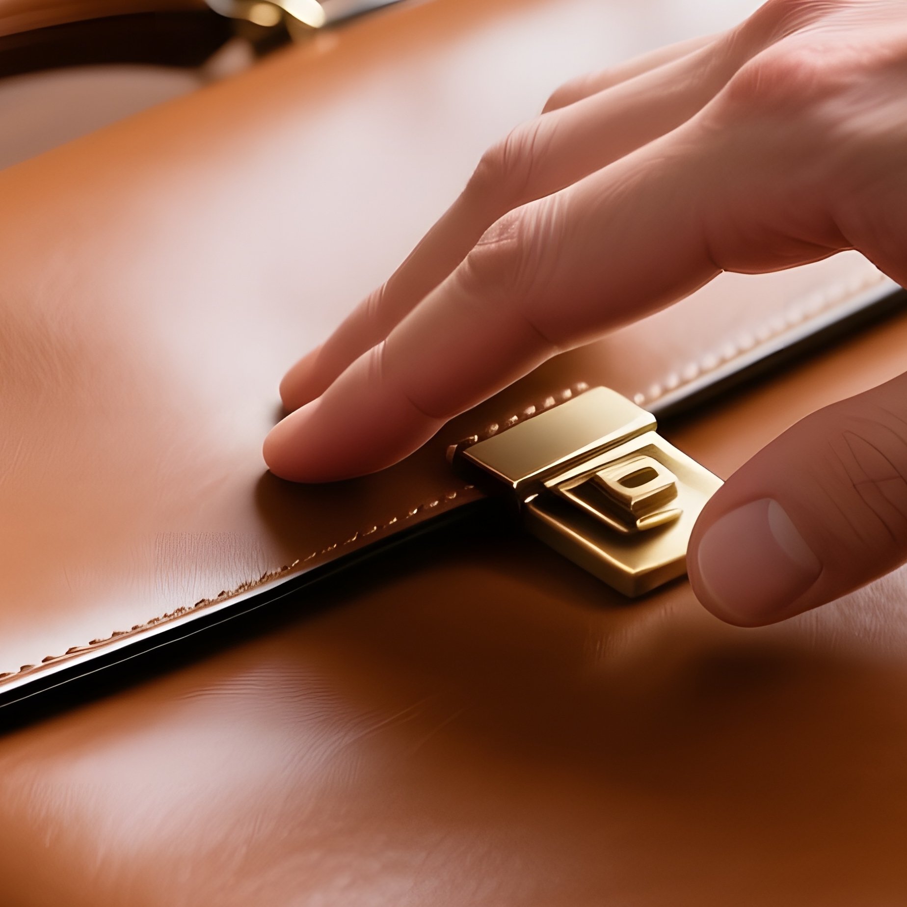 A Close‑Up Macro Shot Of A Hand Running Across A Smooth, Buttery Brown Leather Briefcase Placed On - Full Resolution Quality Preview