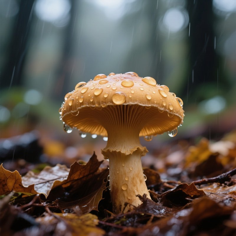 A Close‑Up Macro Shot Of A Honey‑Colored Chanterelle Emerging From Rich Leaf Litter, Droplets Of