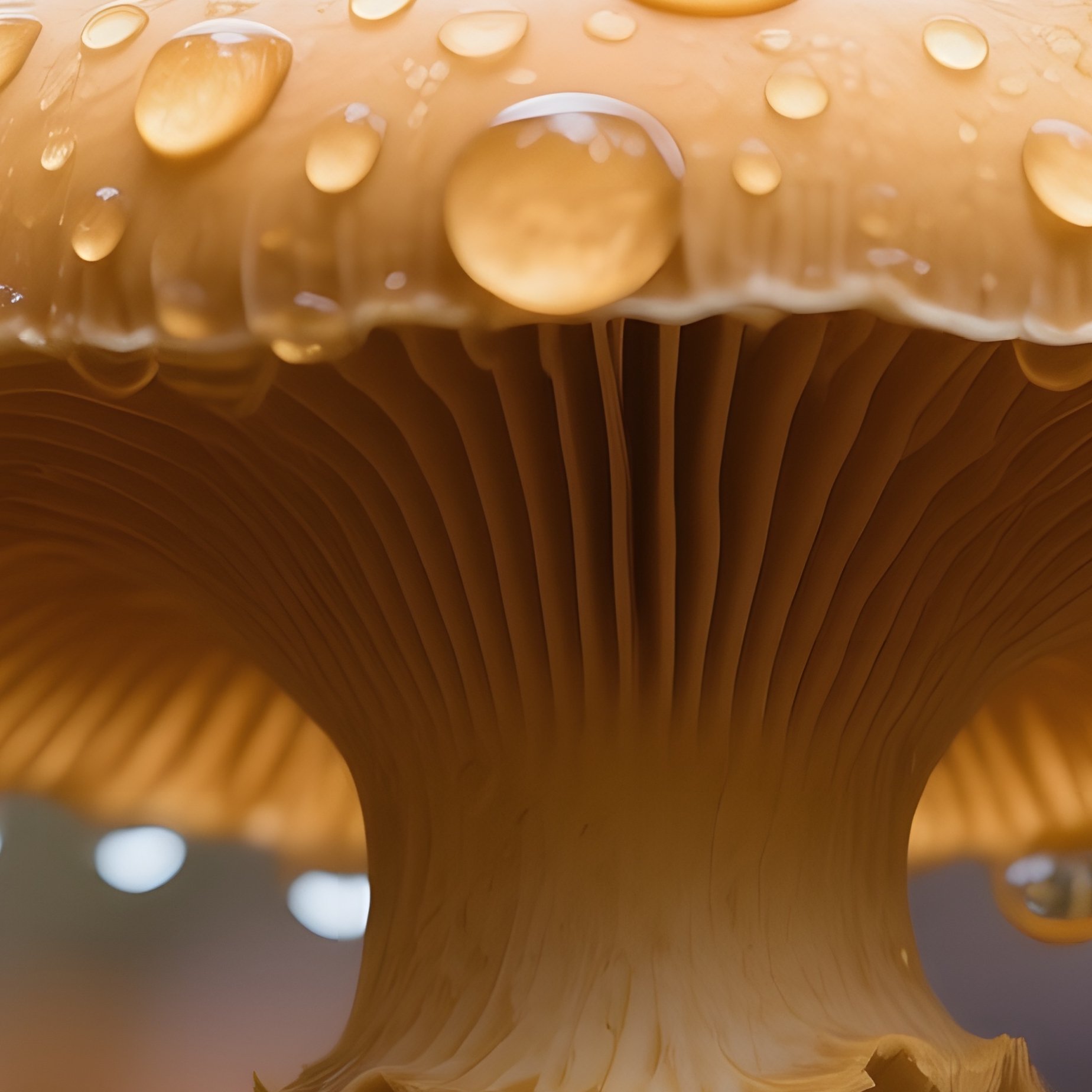 A Close‑Up Macro Shot Of A Honey‑Colored Chanterelle Emerging From Rich Leaf Litter, Droplets Of - Full Resolution Quality Preview