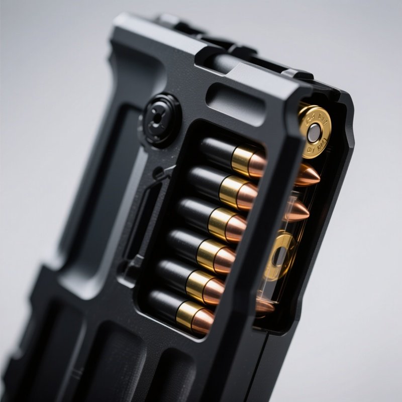 A Close‑Up Macro Shot Of A Modern Polymer Rifle Magazine Partially Filled With Sleek Black 6.8Mm