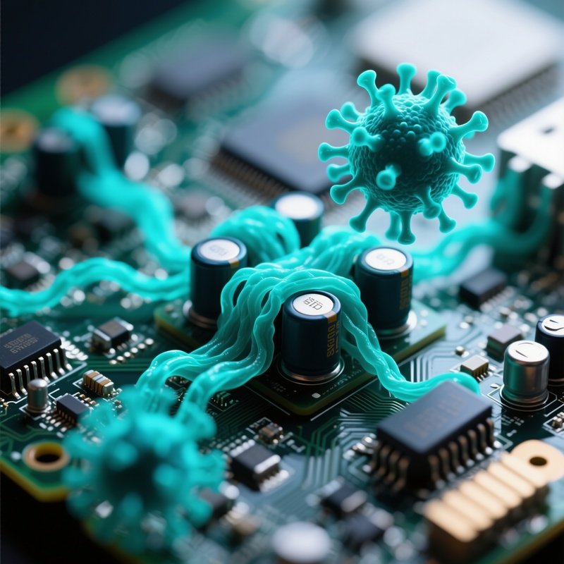 A Close‑Up Macro Shot Of A Motherboard Infected With Bright Teal Virus Filaments That Wrap Around