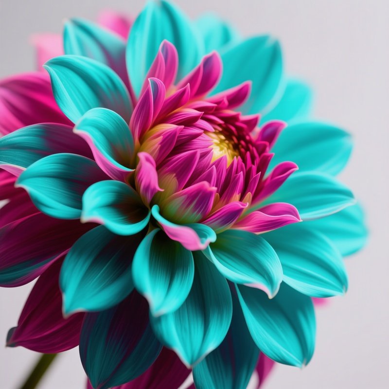 A Close‑Up Macro Shot Of A Pop‑Art Dahlia With Layered Petals In Bright Teal And Magenta, Studio