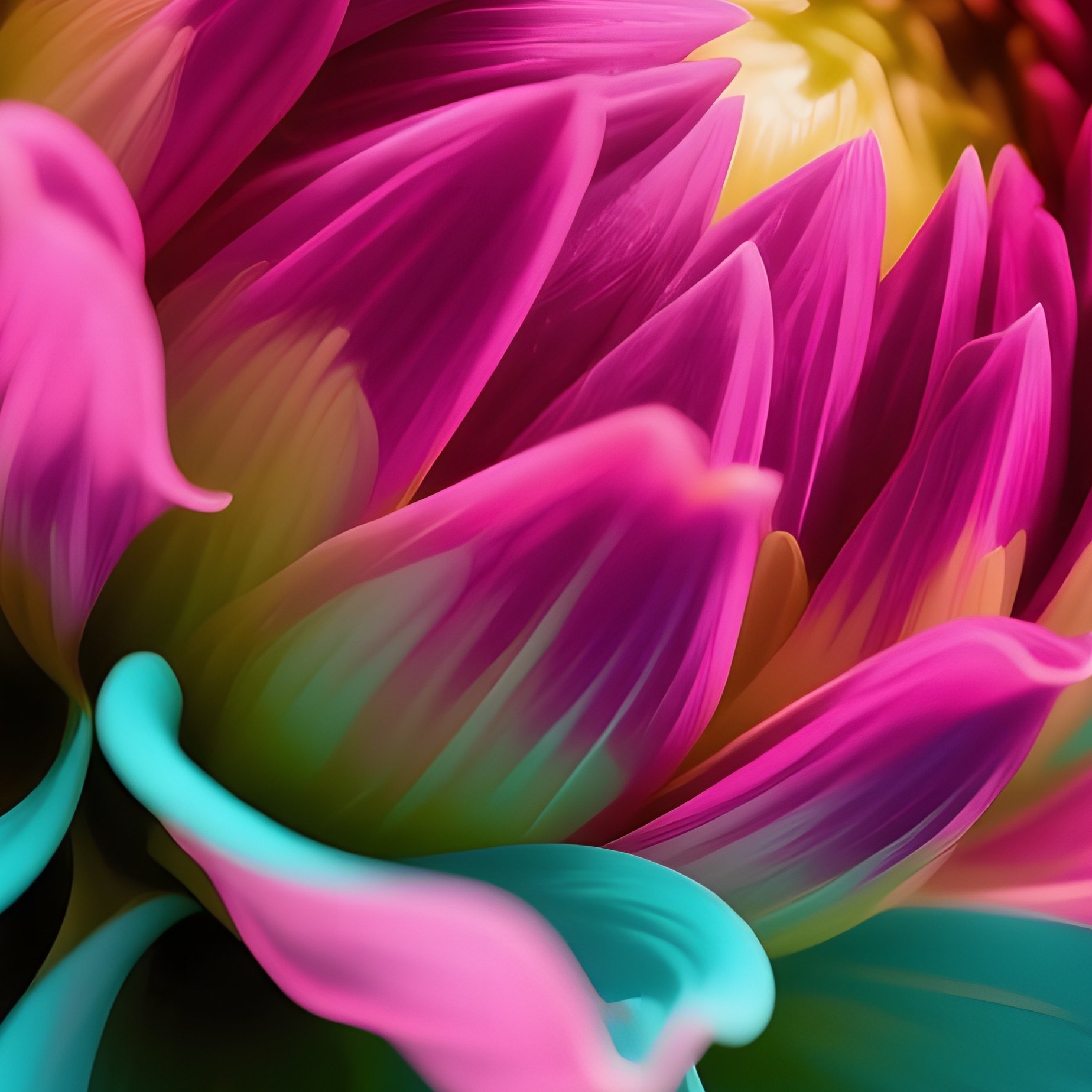 A Close‑Up Macro Shot Of A Pop‑Art Dahlia With Layered Petals In Bright Teal And Magenta, Studio - Full Resolution Quality Preview