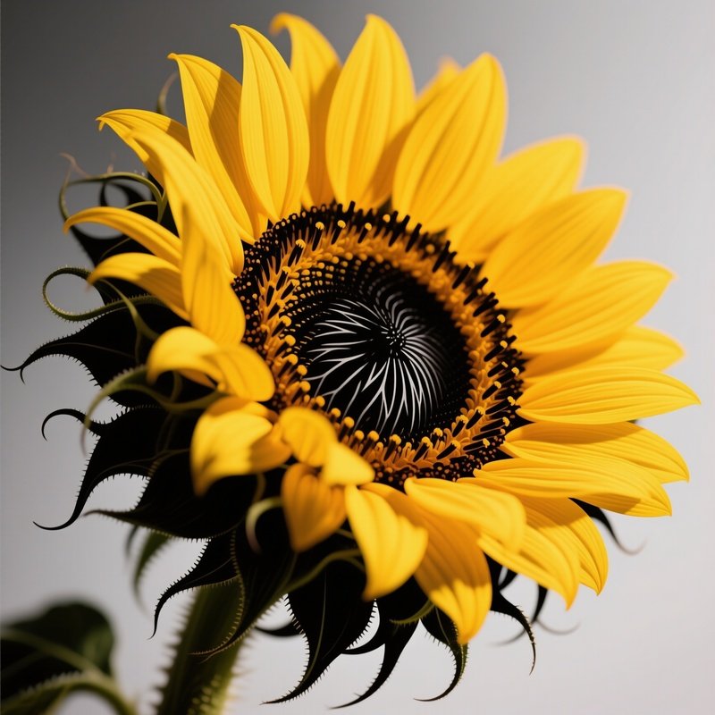 A Close‑Up Macro Shot Of A Pop‑Art Sunflower Head With Exaggerated Black Veins And Bright Yellow