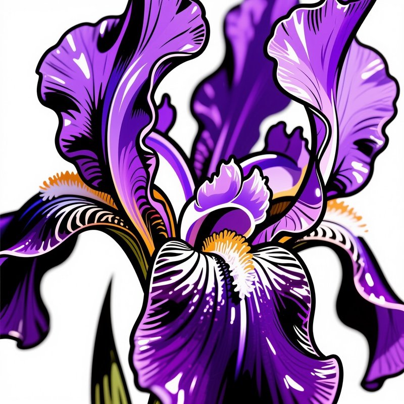 A Close Up Macro Shot Of A Pop Art Violet Iris With Intricate Black Line Work And Glossy Petal