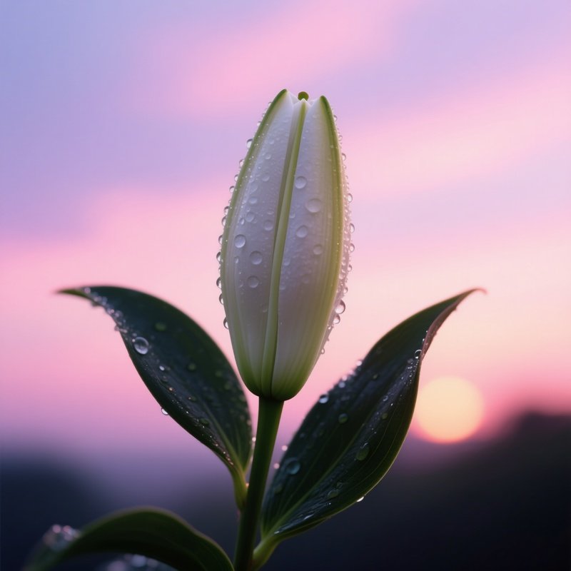 A Close‑Up Macro Shot Of A Single Dew‑Covered White Lily Bud Emerging From A Dark Green Leaf,